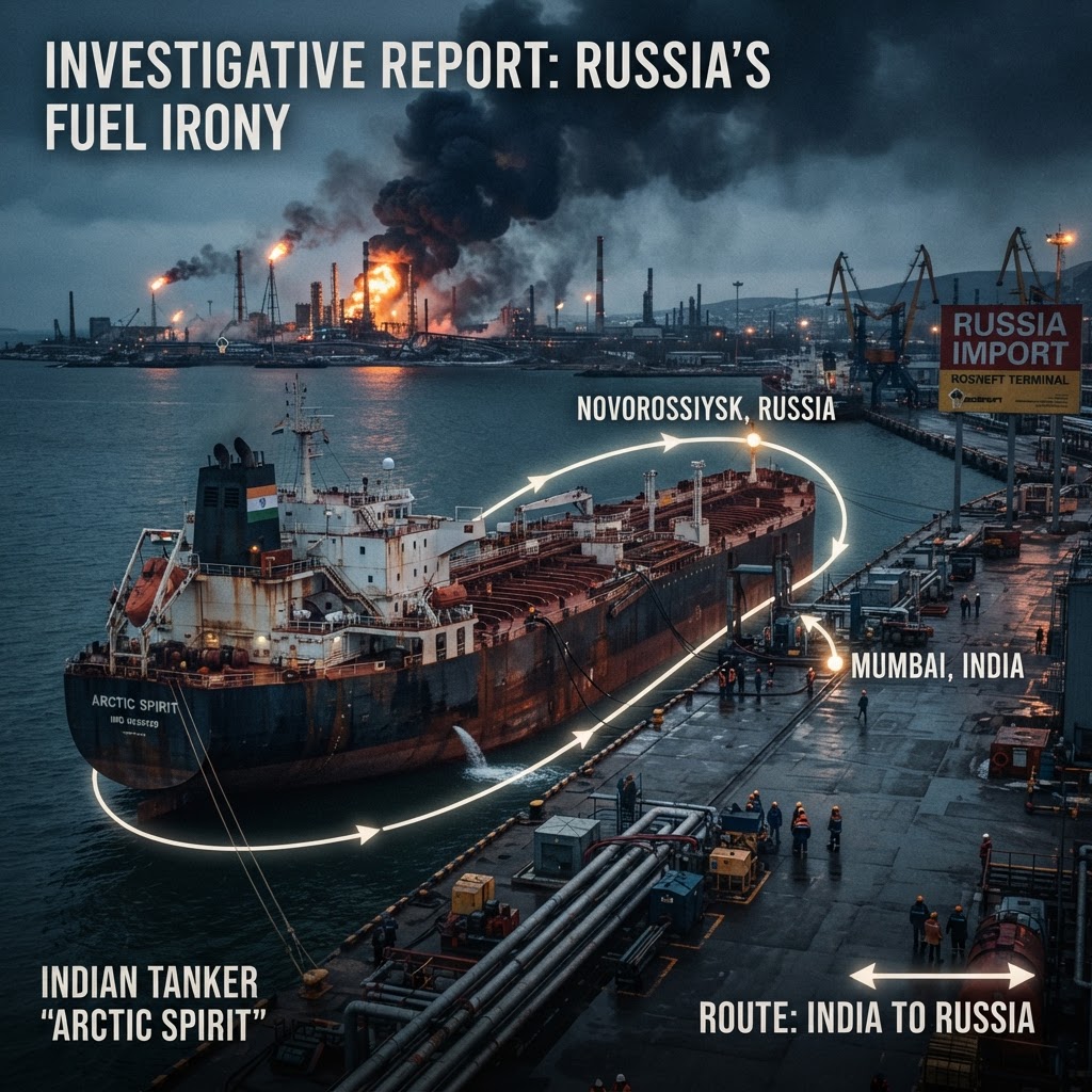 Editorial illustration of damaged Russian refining capacity and fuel shipments routed in from abroad.