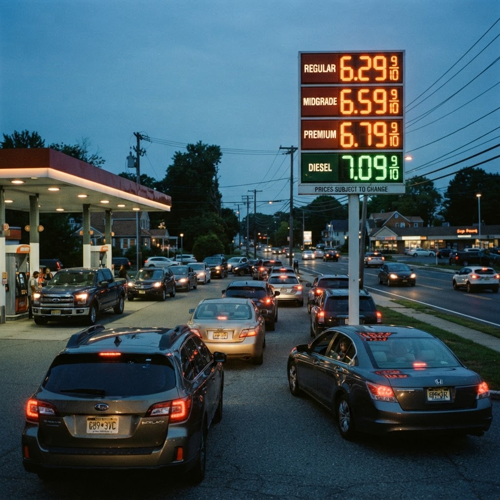 Cars queuing at a gas station with high fuel prices
