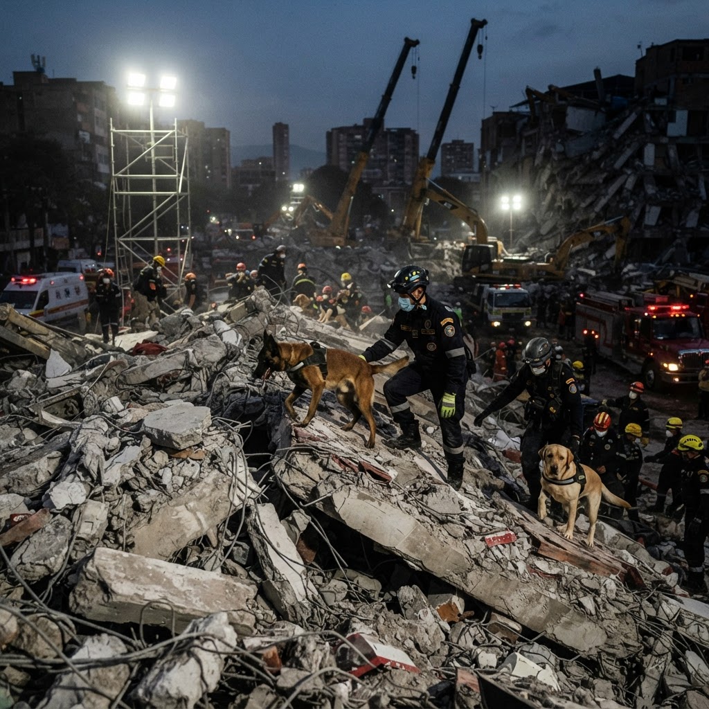 Search and rescue teams work on collapsed building rubble under floodlights