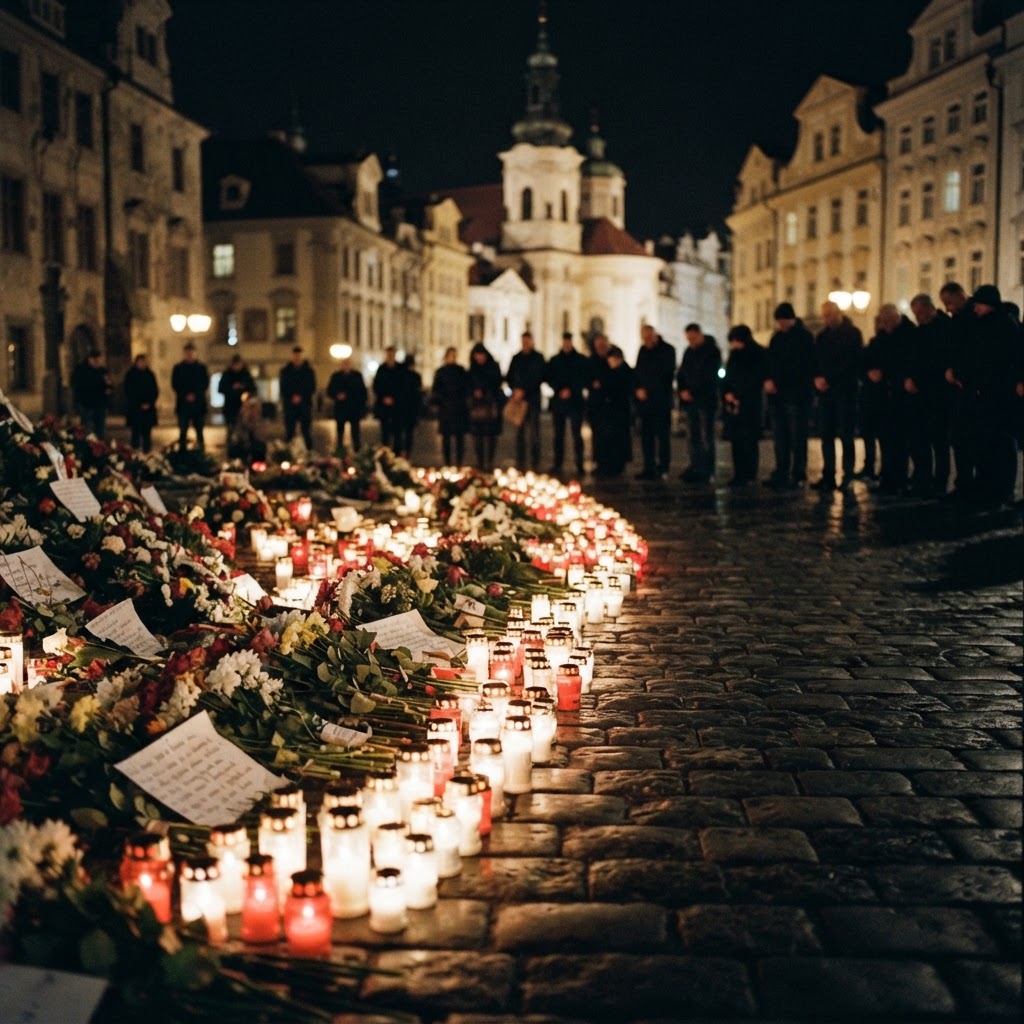 A candlelit memorial in a Ukrainian city square