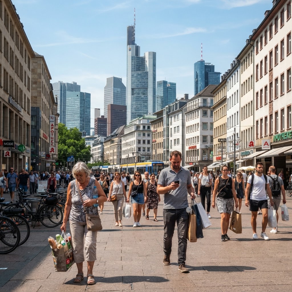 Frankfurt financial district in summer heat symbolizing Germany's inflation pressure
