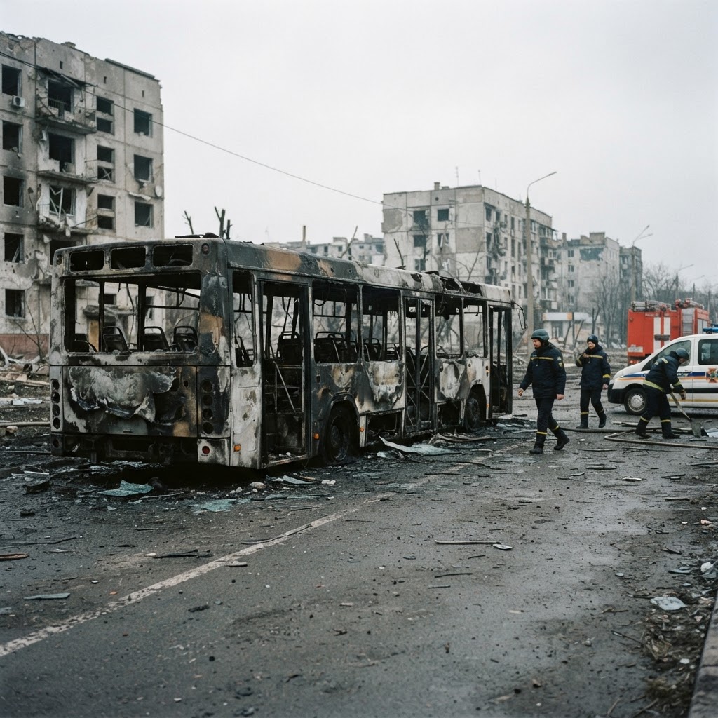 Damaged bus in an eastern Ukrainian town