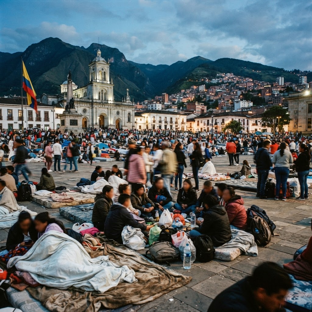 Residents gathered in an open plaza after an earthquake evacuation