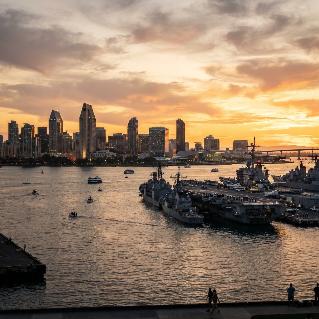 San Diego harbor and skyline at sunset with naval ships