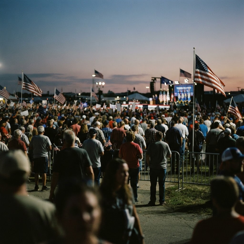 Crowd at an outdoor political rally with American flags