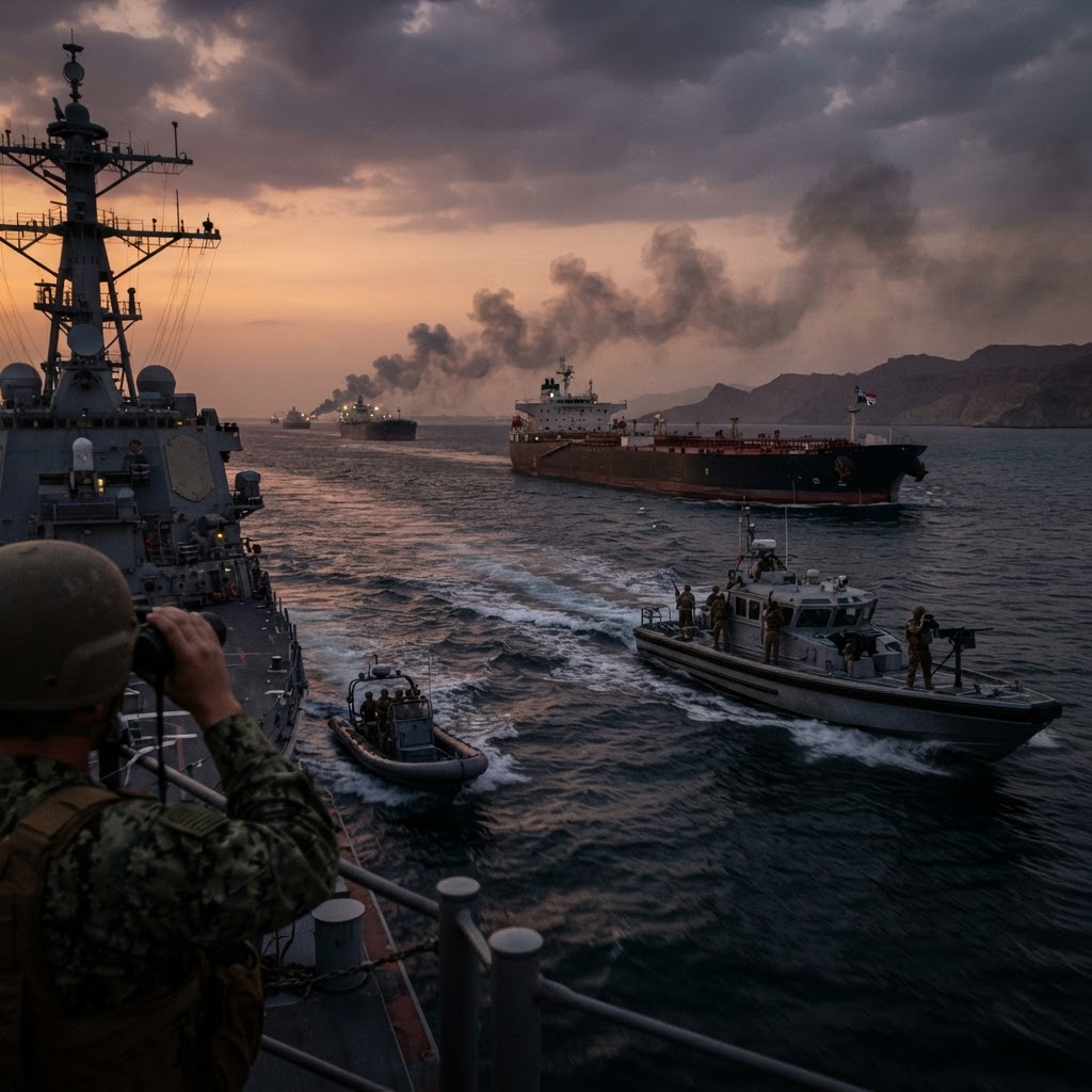 A Strait of Hormuz scene reflecting the shipping and energy risks tied to the widening conflict.