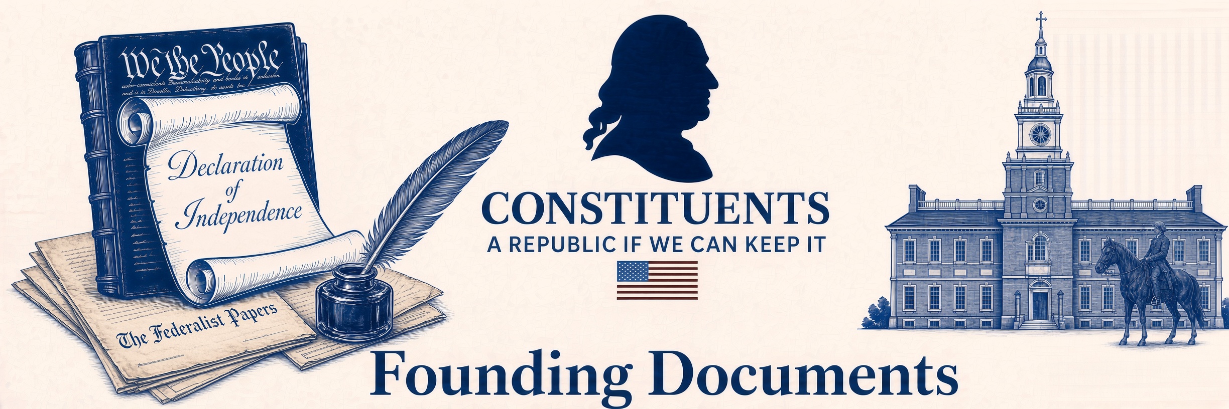 Founding Documents — Constituents banner with the Federalist Papers, Declaration of Independence scroll, George Washington silhouette, and Independence Hall