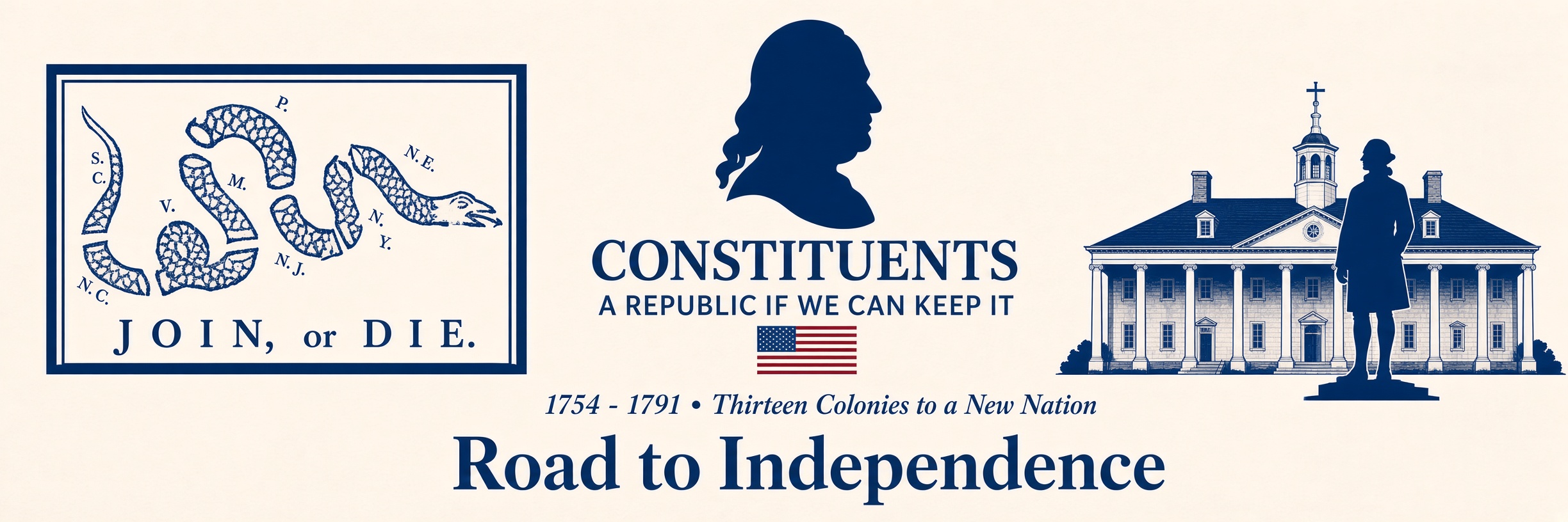 Road to Independence banner — Join, or Die cartoon, Benjamin Franklin silhouette, Independence Hall, 1754–1791