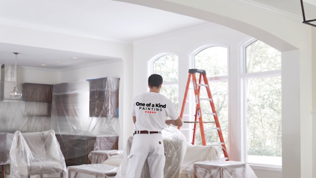 Painter setting up with ladders and protective sheeting