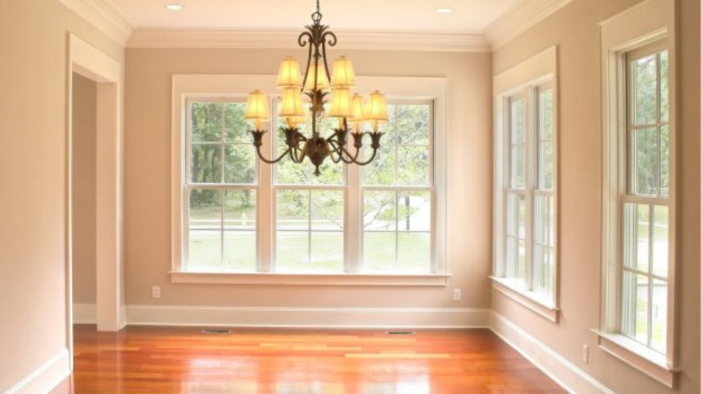Dining room with freshly painted crown molding