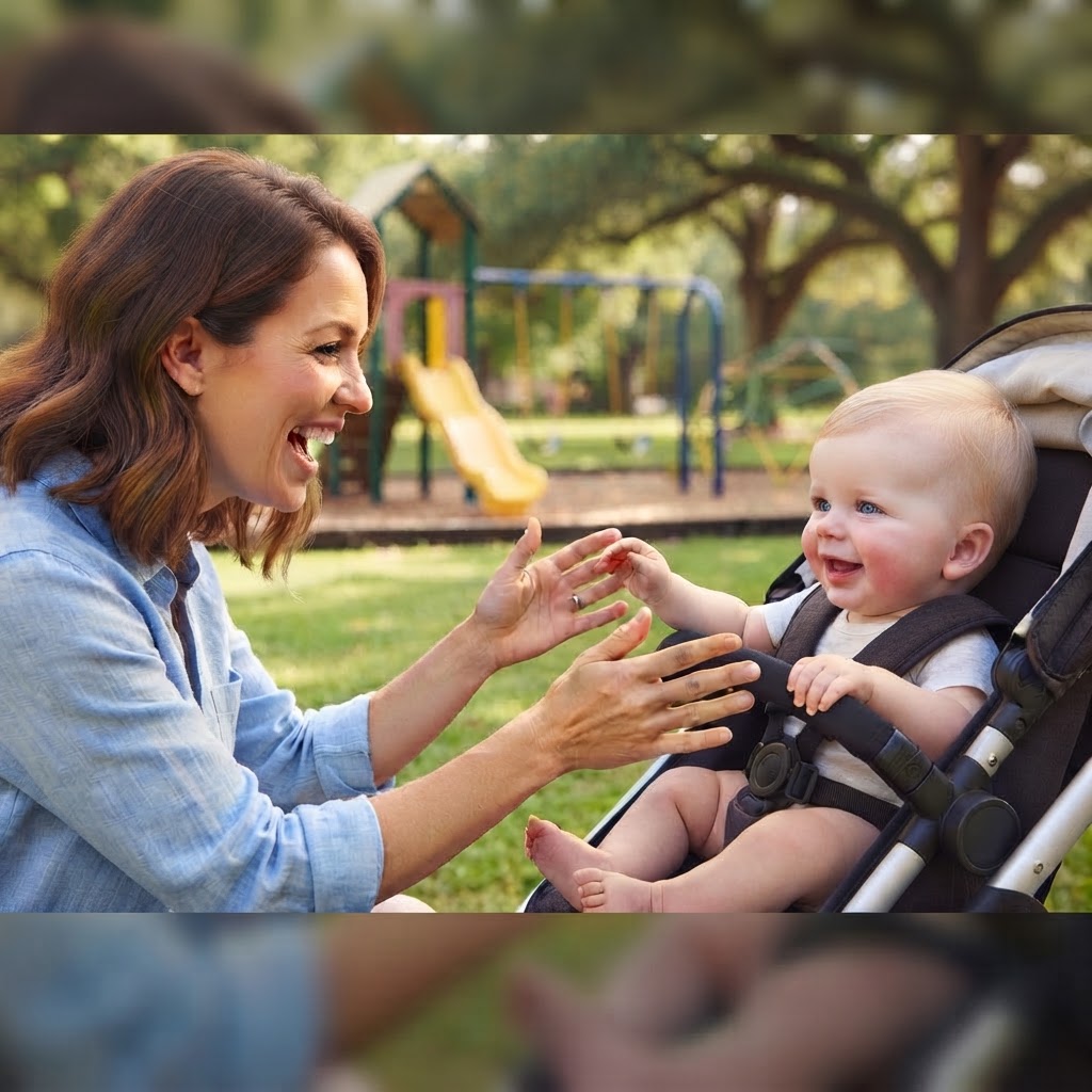 Professional baby nurse smiling at infant in stroller at playground