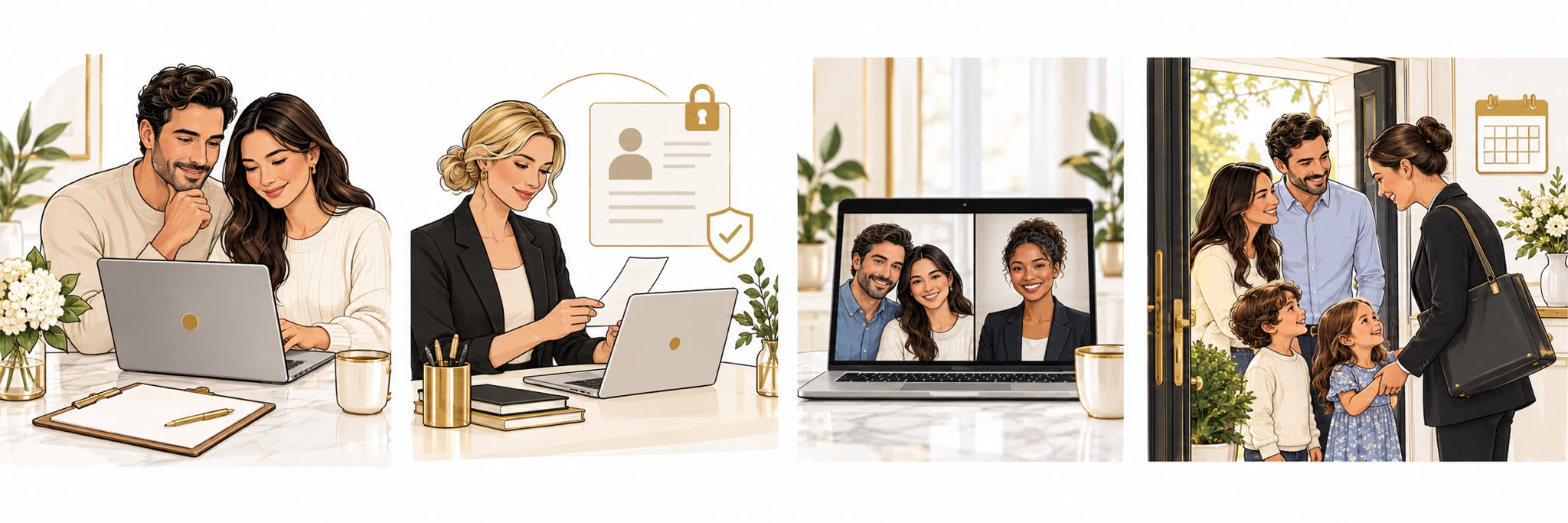 Four illustrated phases of the placement journey: application, search activation, video interview, and placement start.