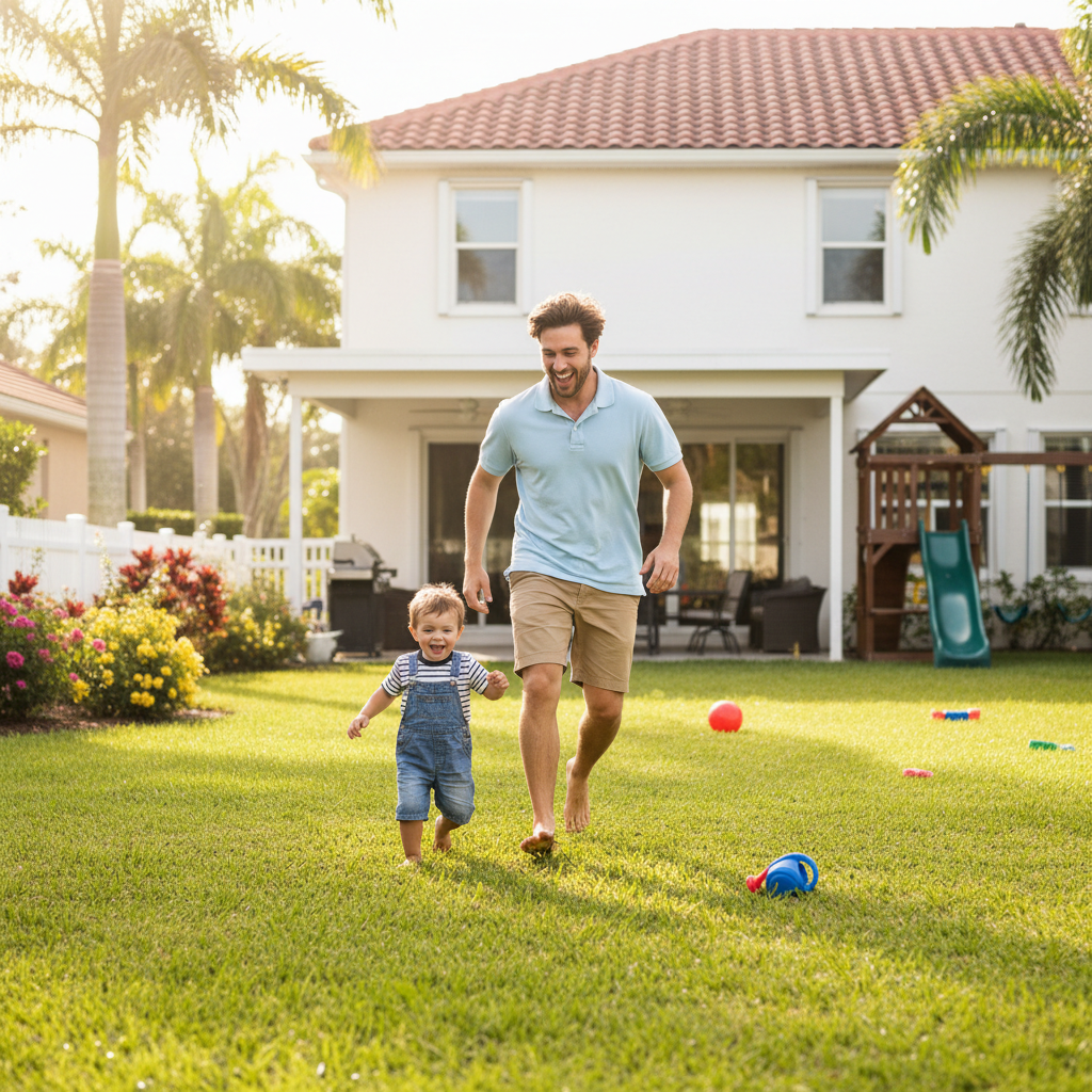 Male manny playing with toddler outdoors