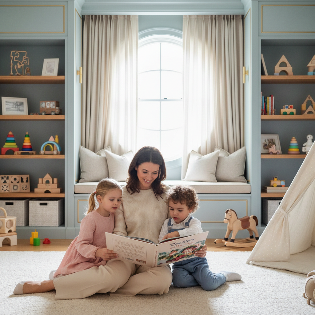 Female nanny reading to children in a beautiful home