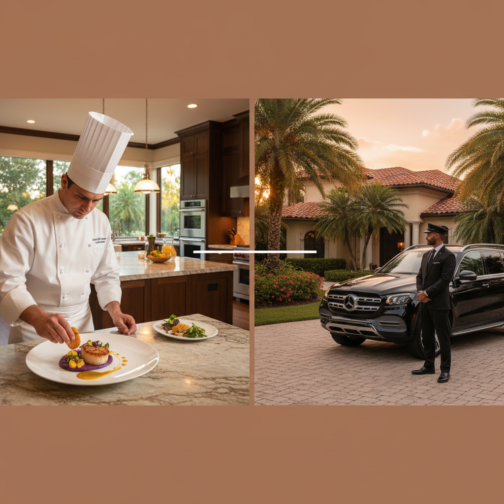 Private chef plating gourmet meal in luxury kitchen alongside professional driver