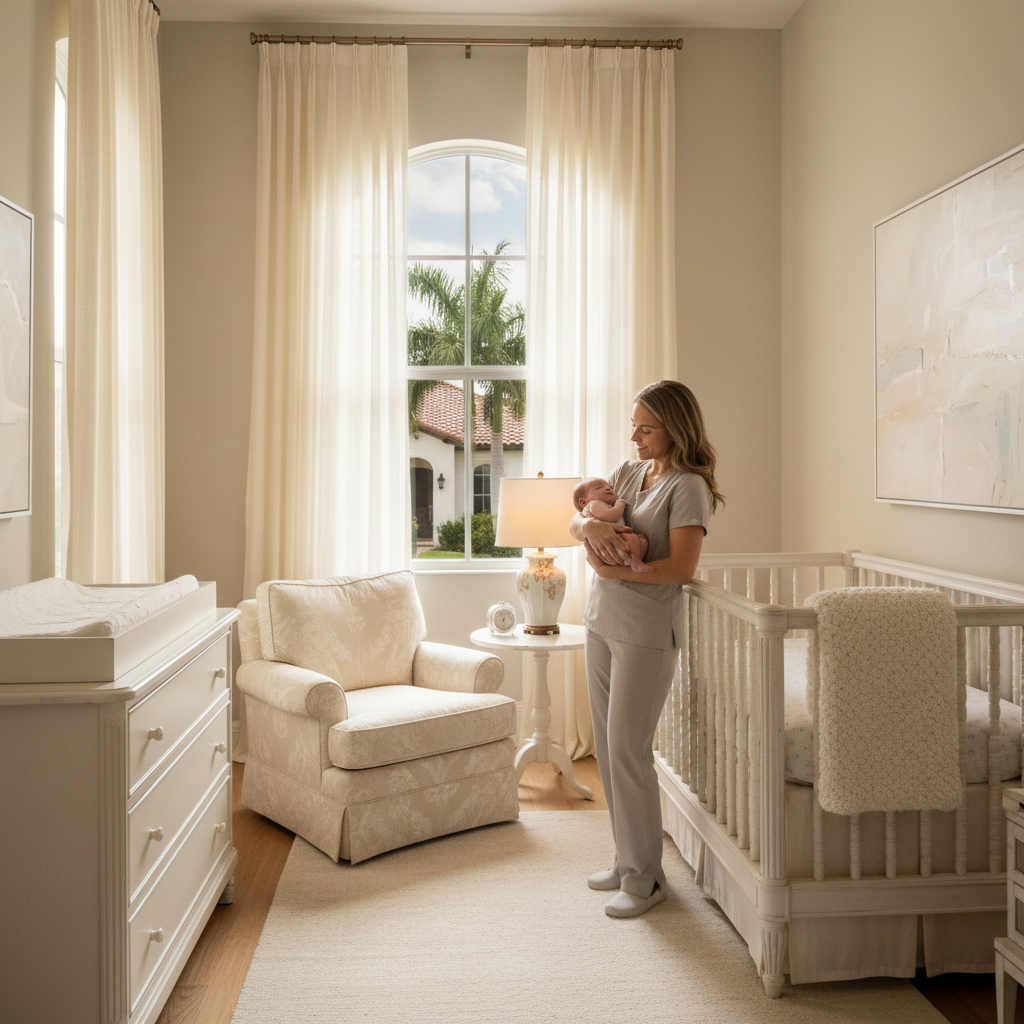 Baby nurse holding newborn in luxury nursery
