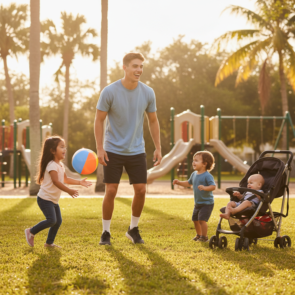 Young sporty male nanny playing with children outdoors in Florida