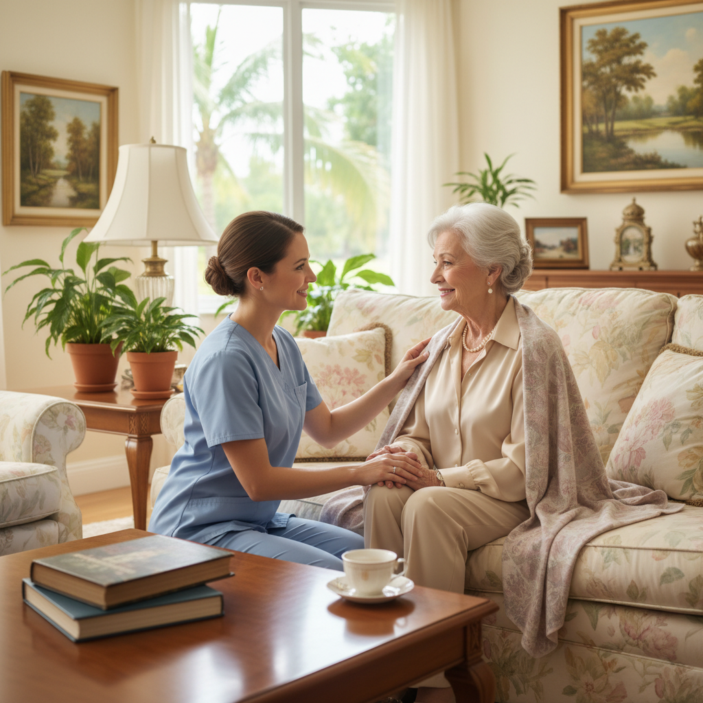 Compassionate caregiver with elderly client in a bright Florida home