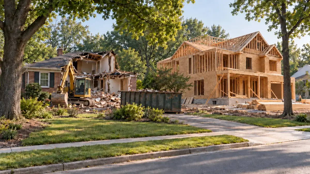 Illustration of a home in demolition and a new home in construction on the next lot.
