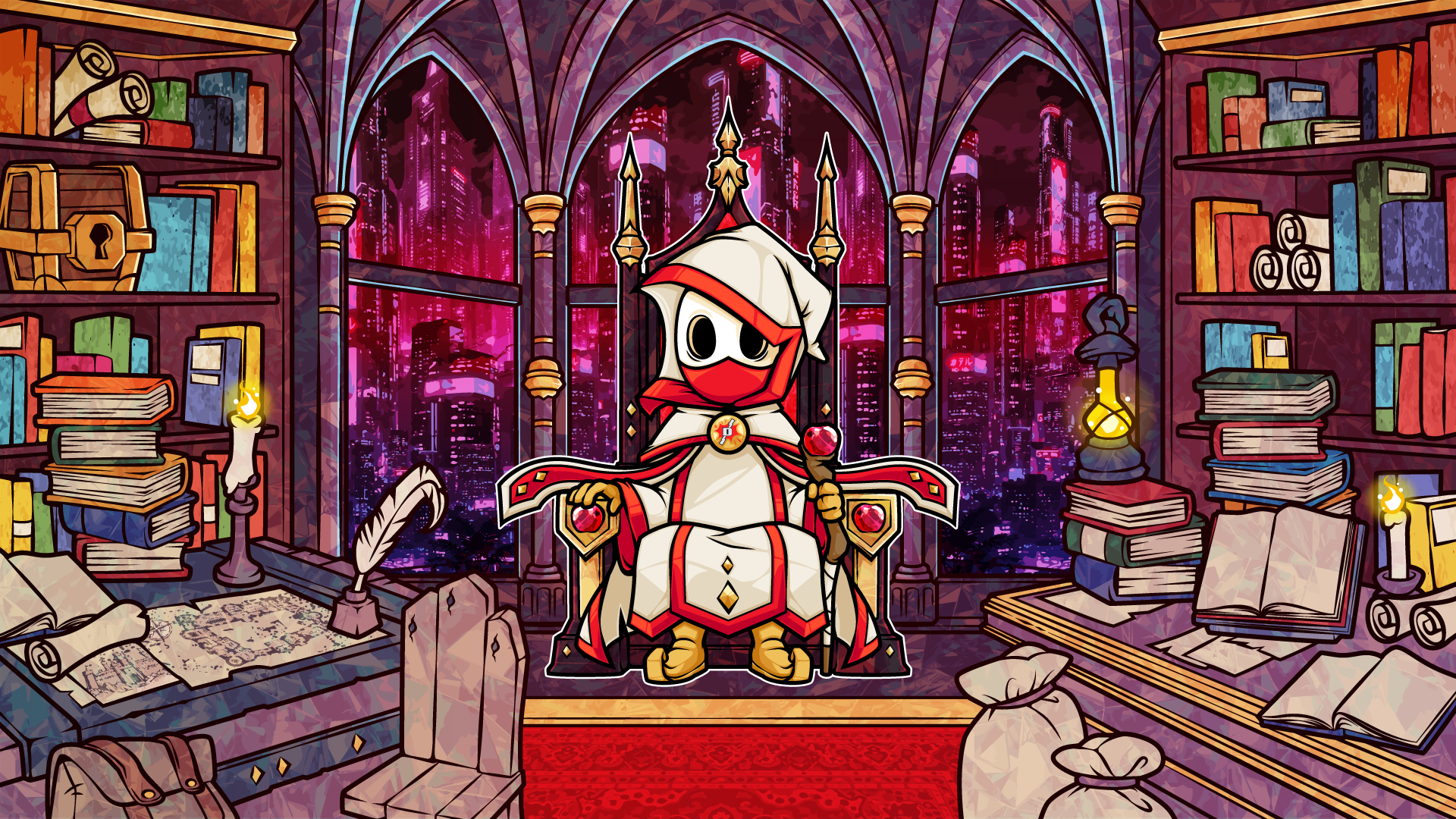 The DEBATED mascot on a throne, with a red carpet, three gothic windows overlooking a cyberpunk city, bookshelves, desks and candles