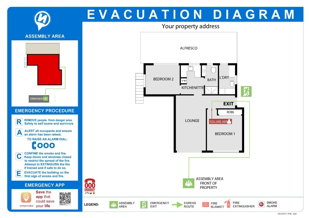 STRA compliant evacuation diagram sample โ floor plan showing bedroom layout, exit routes, fire extinguisher, smoke alarm, assembly area and RACE emergency procedure for Airbnb and short-term rental property
