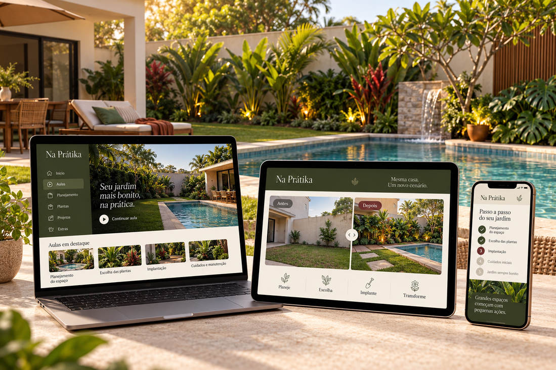 Curso de paisagismo exibido em notebook, tablet e celular diante de um jardim com piscina