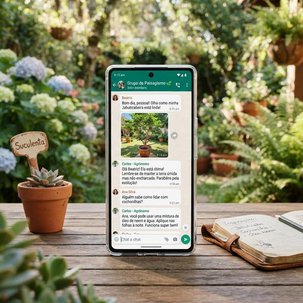 Celular exibindo grupo de paisagismo no WhatsApp com mensagens e fotos de jardins