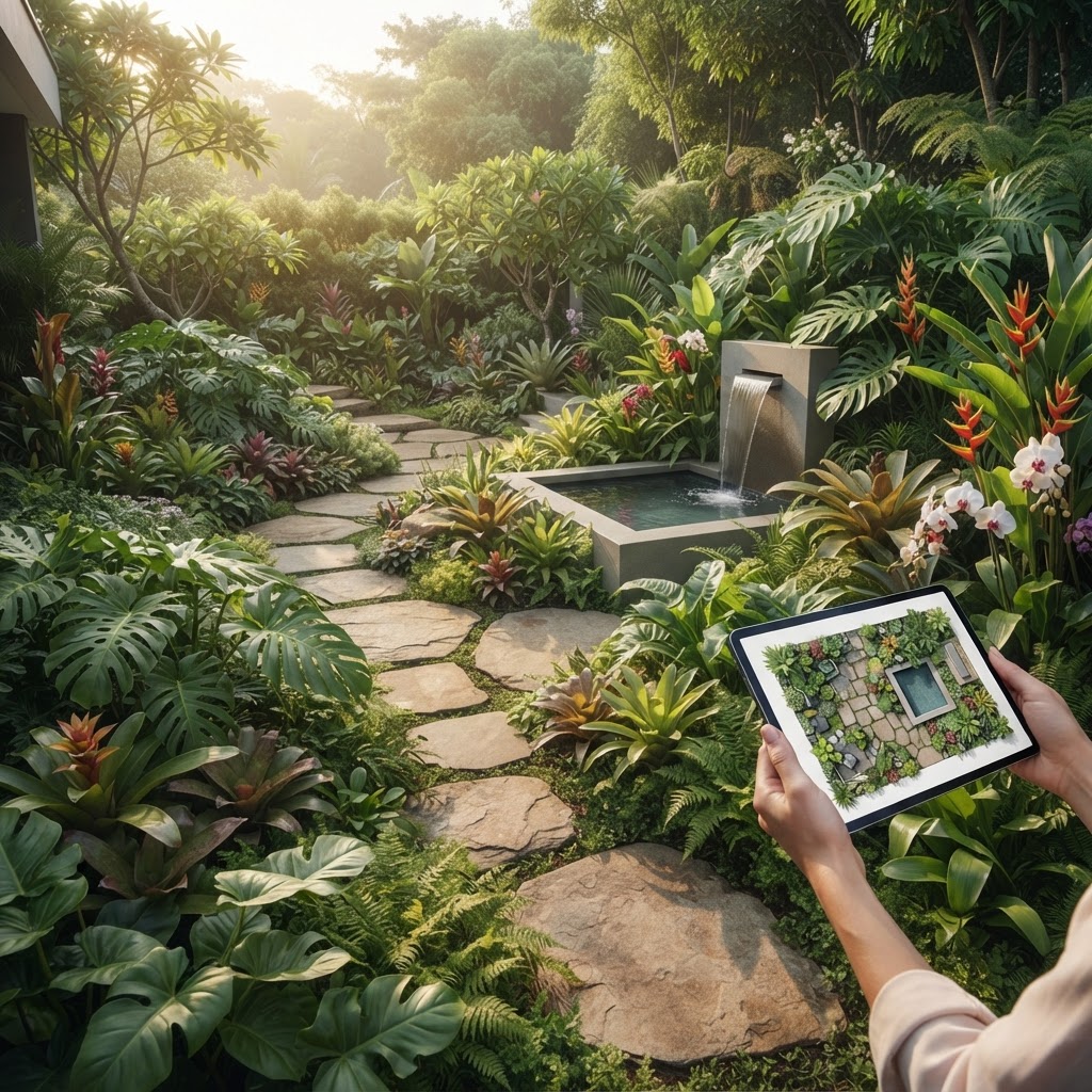 Jardim contemporâneo planejado com inteligência artificial em um tablet