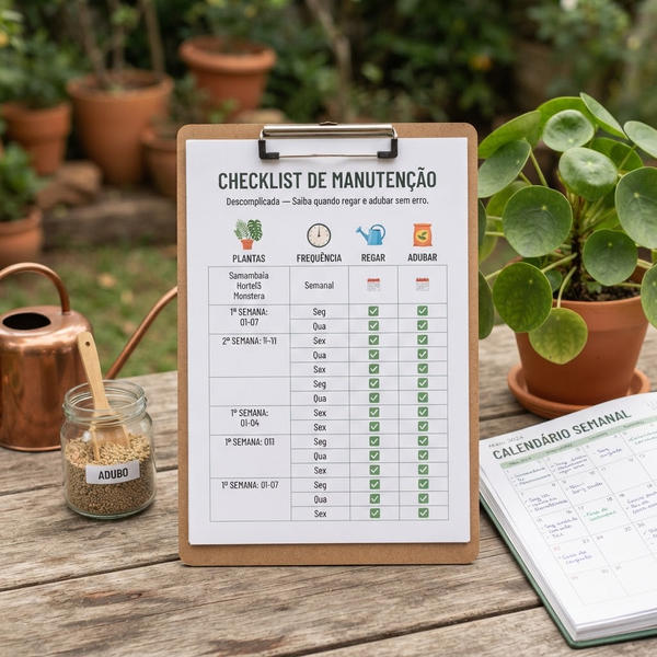 Checklist de manutenção do jardim com calendário, regador e adubo