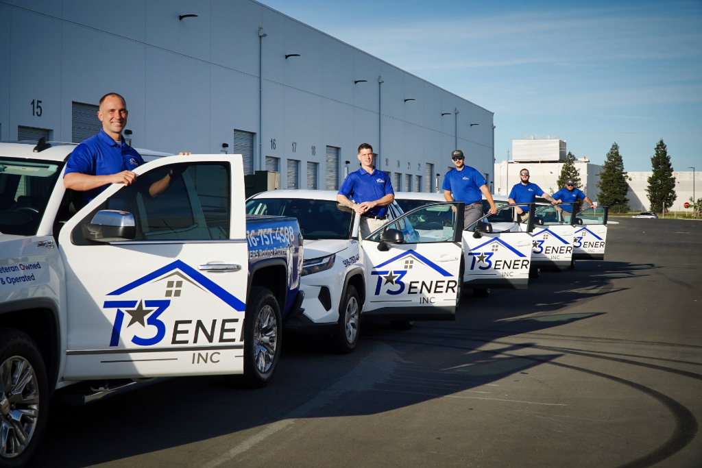 The T3 Energy Inc. team with their fleet of service trucks