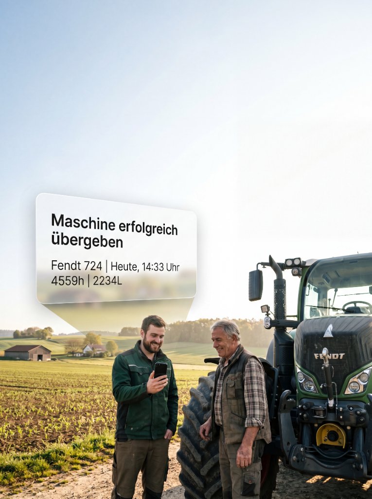 Landwirte bei der Maschinenübergabe auf dem Feld