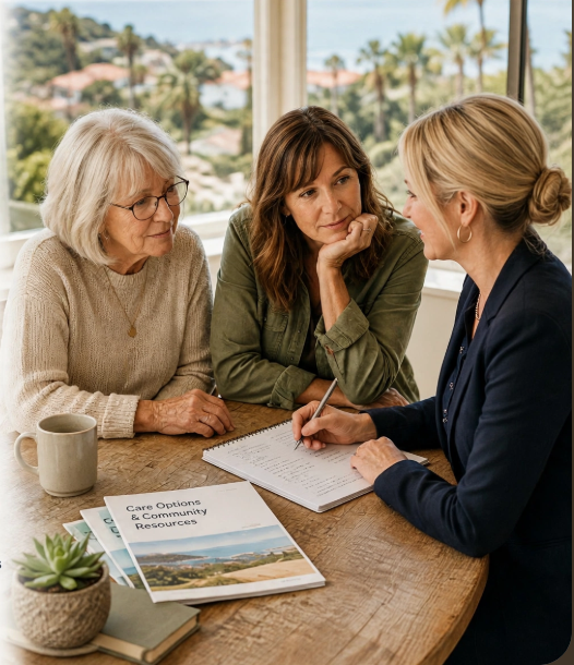 A care advisor consulting with a family at a sunlit table overlooking the coast