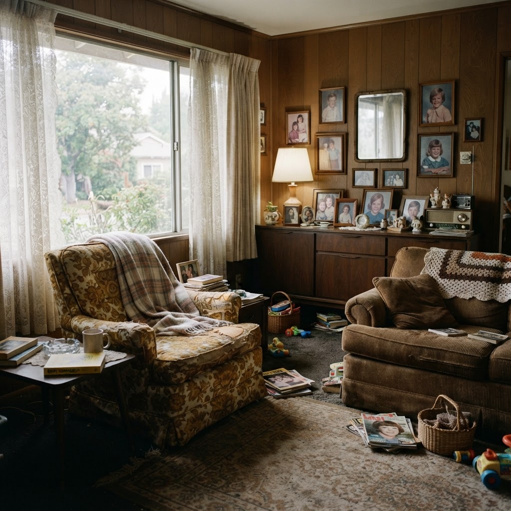 A lived in 1970s California living room in flat overcast light