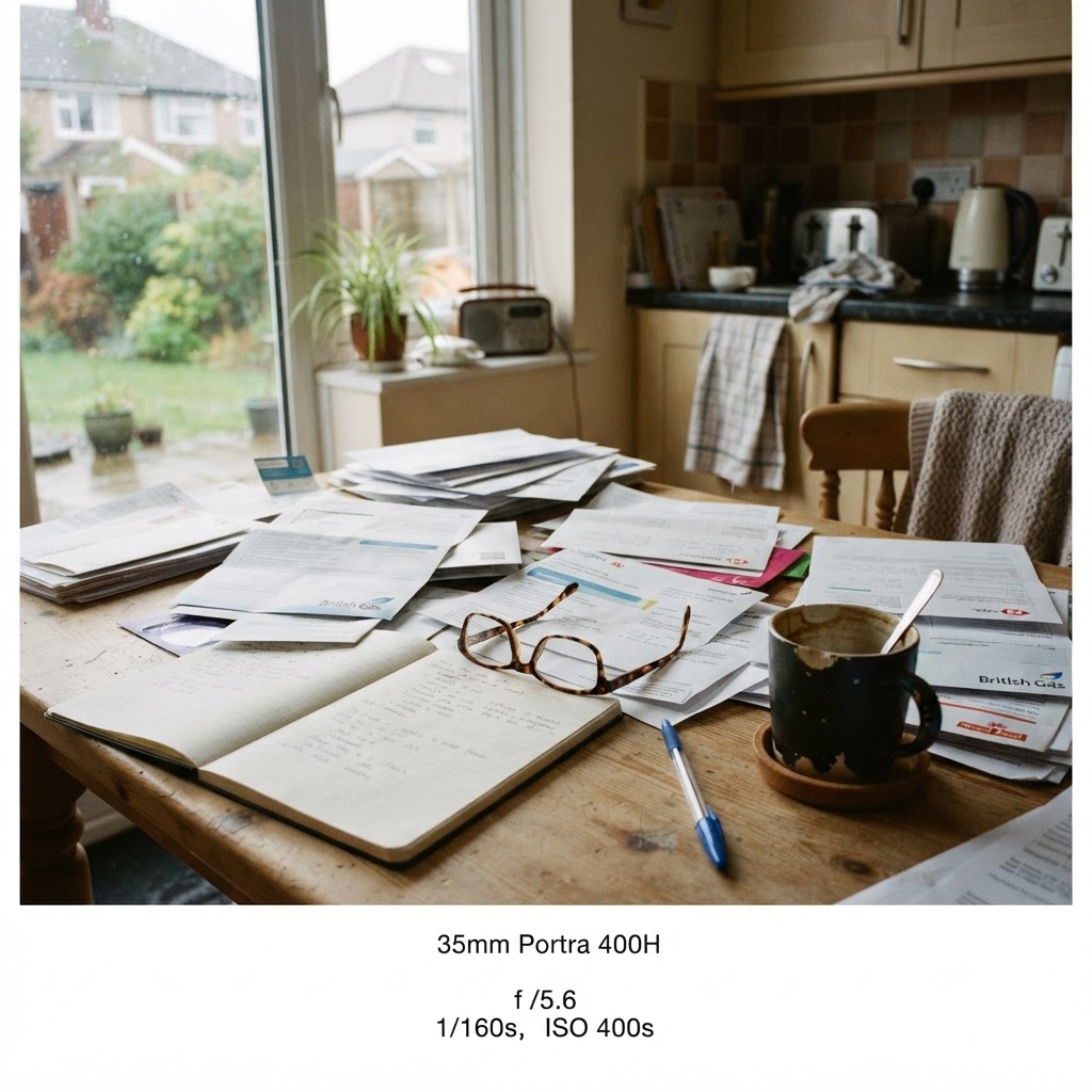 A kitchen table covered with household paperwork and reading glasses