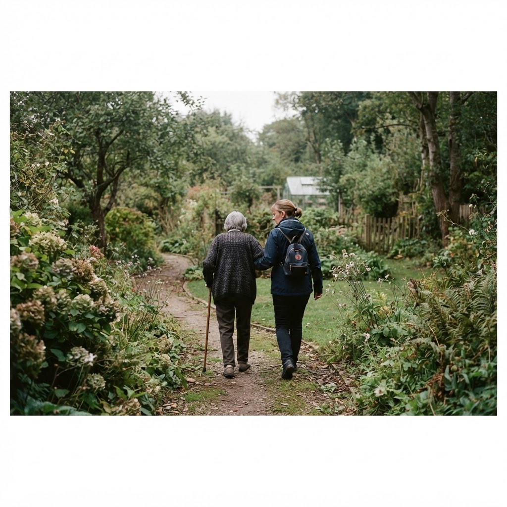 An elderly woman and a caregiver walking a quiet garden path