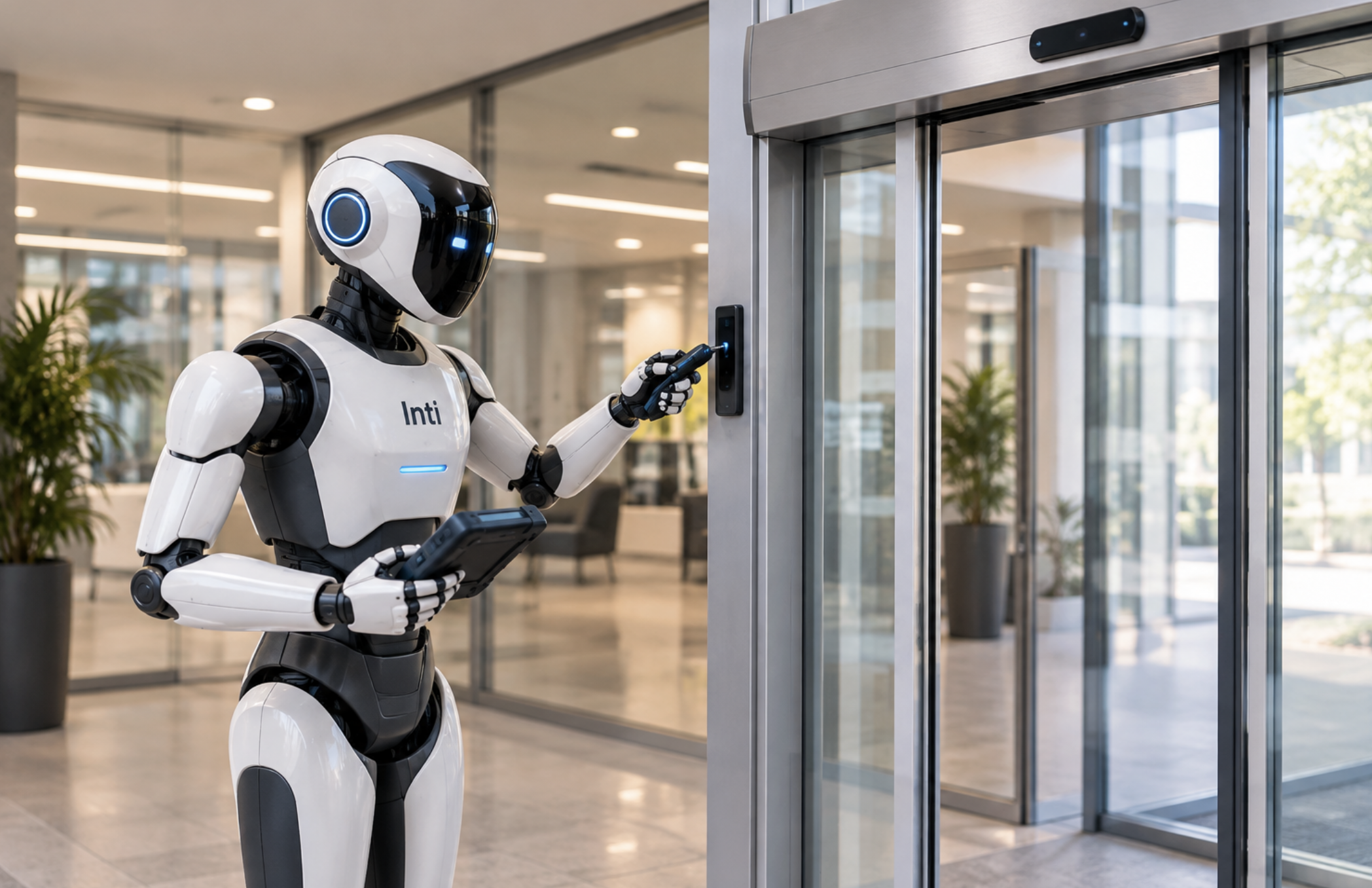 Roboter Inti bei der Prüfung einer automatischen Schiebetür