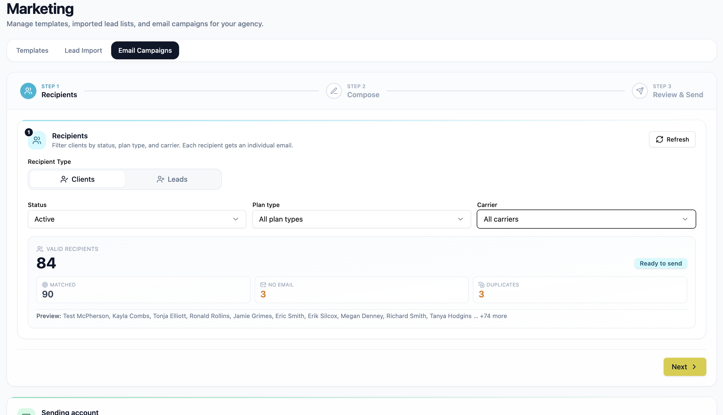 Campaign audience narrowed by filters such as lead source, carrier, and plan type before a send