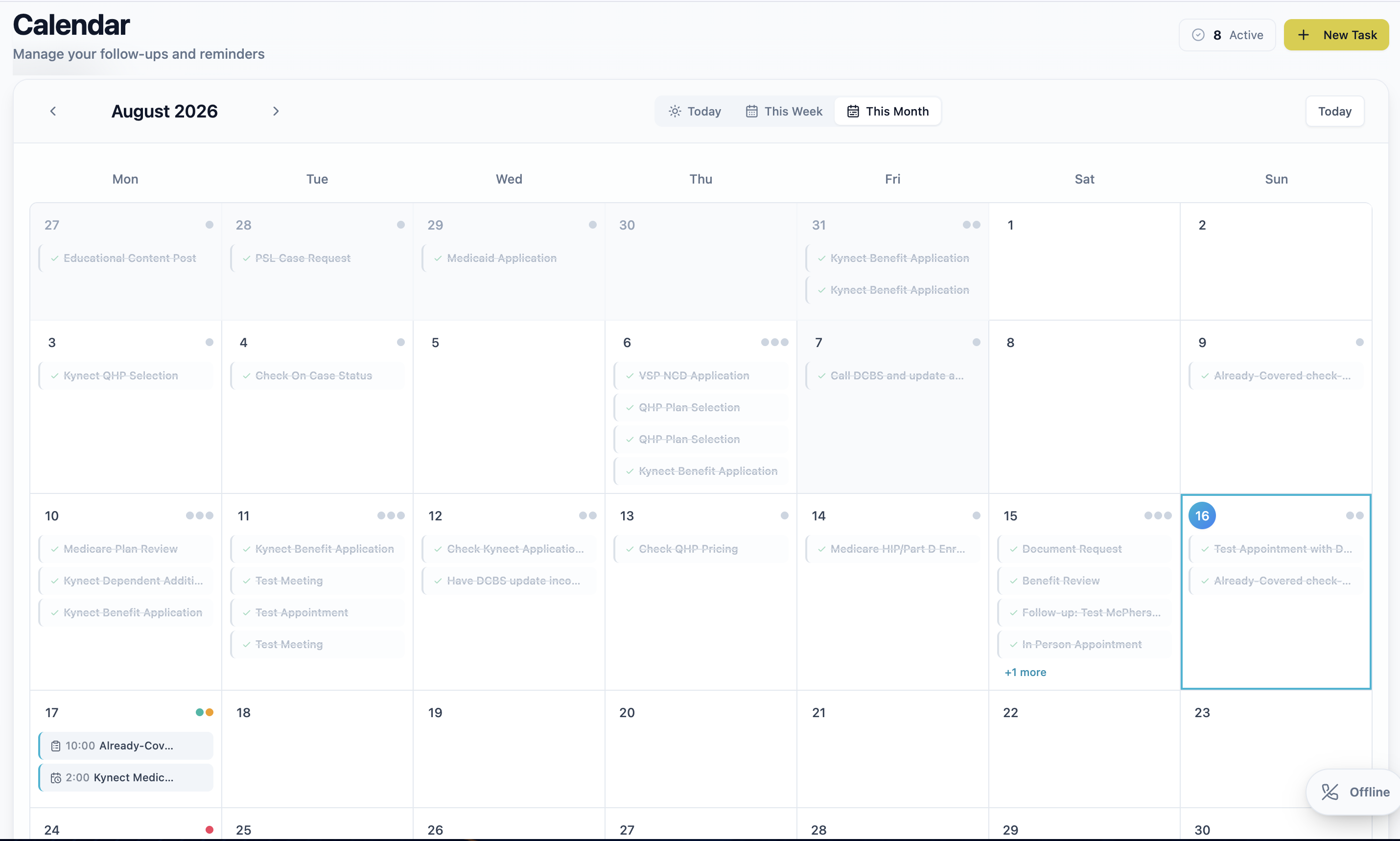 Agent calendar combining follow-up tasks and client appointments on one schedule