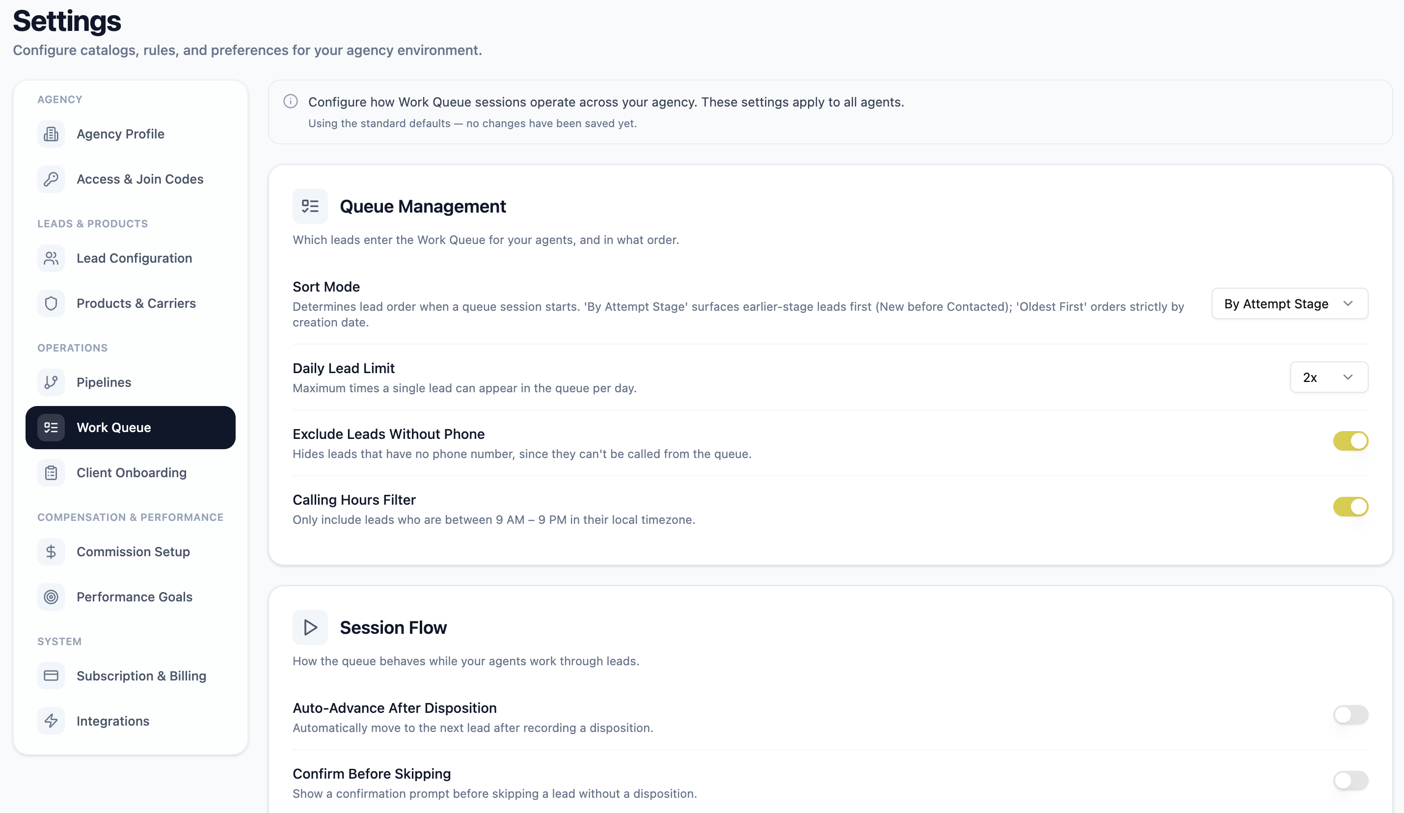 Agency-wide Work Queue settings controlling lead order, daily limits, and calling hours for every agent