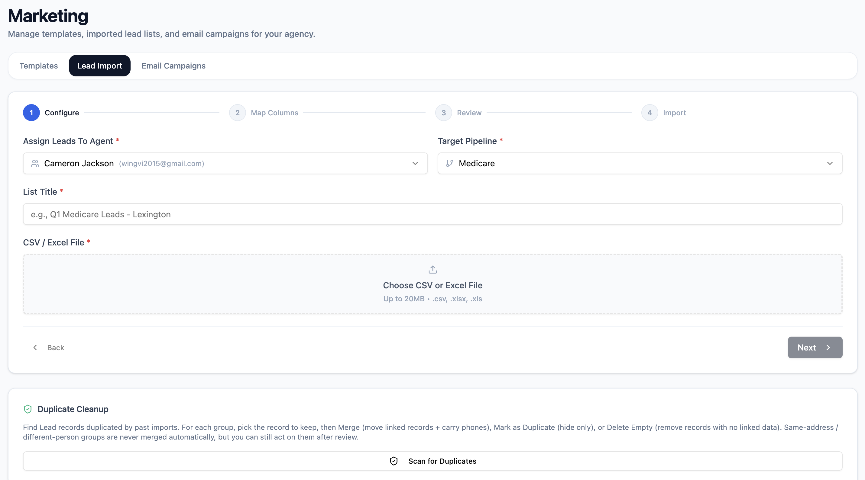 Lead list import review, mapping spreadsheet columns to lead fields and flagging duplicates before import