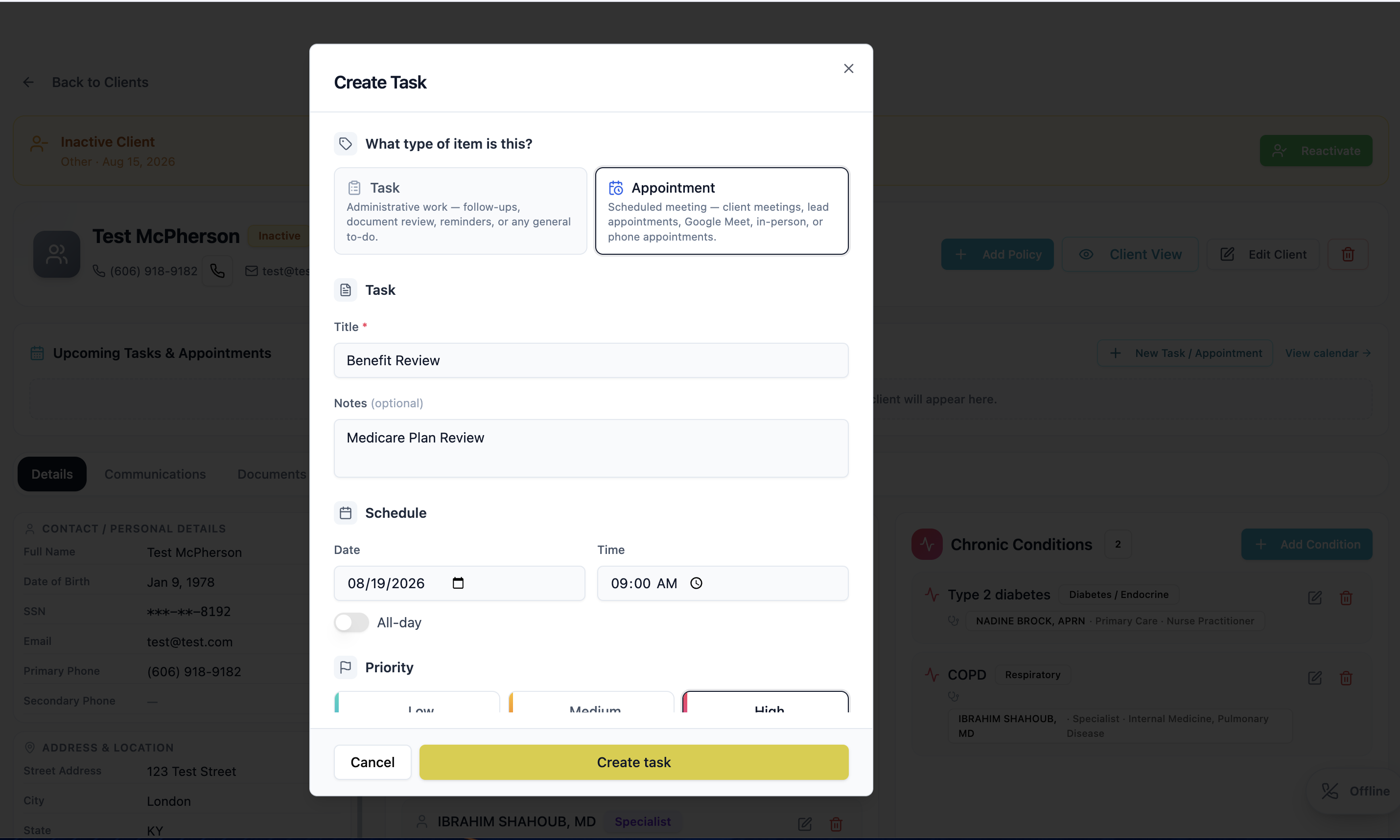Task details panel with due date, priority, reminder, and the lead the work belongs to