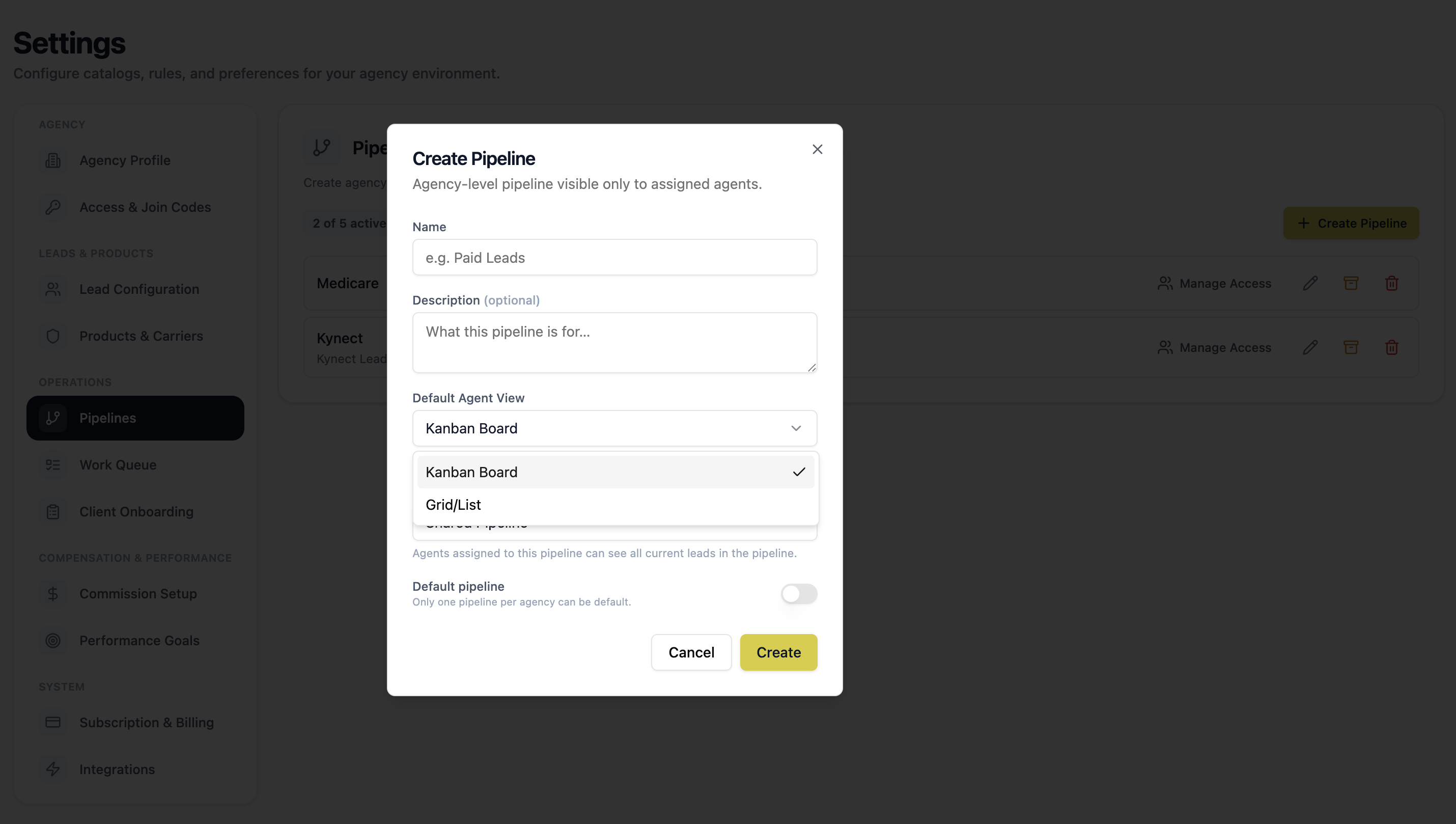 Agency Management pipeline configuration, where an agency defines its pipelines and who can work them