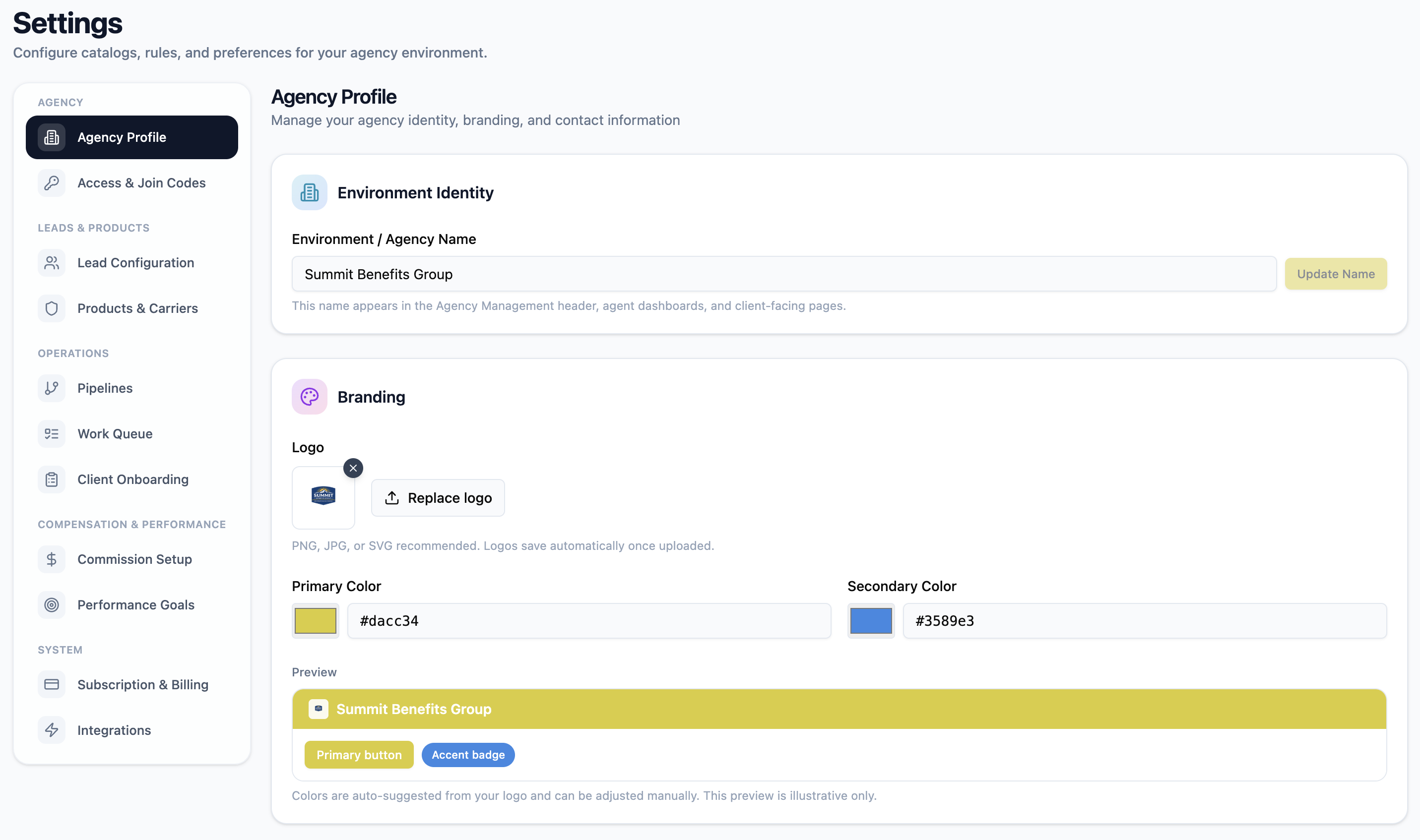Branding settings applying the agency's own logo and colors across the platform