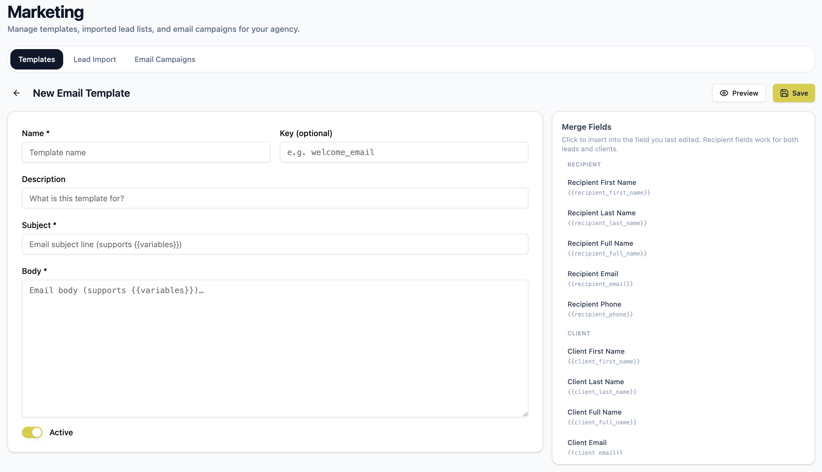 Email template editor where an agency writes reusable client and lead messages