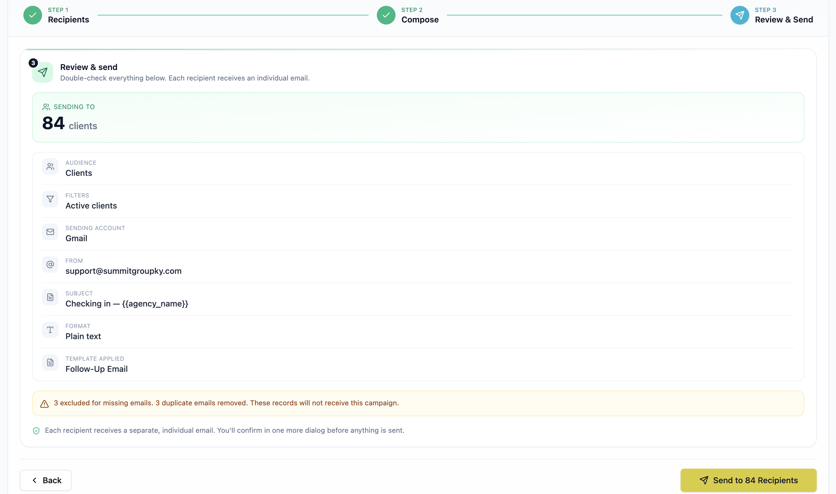 Campaign history recording what the agency sent, to which audience, and when