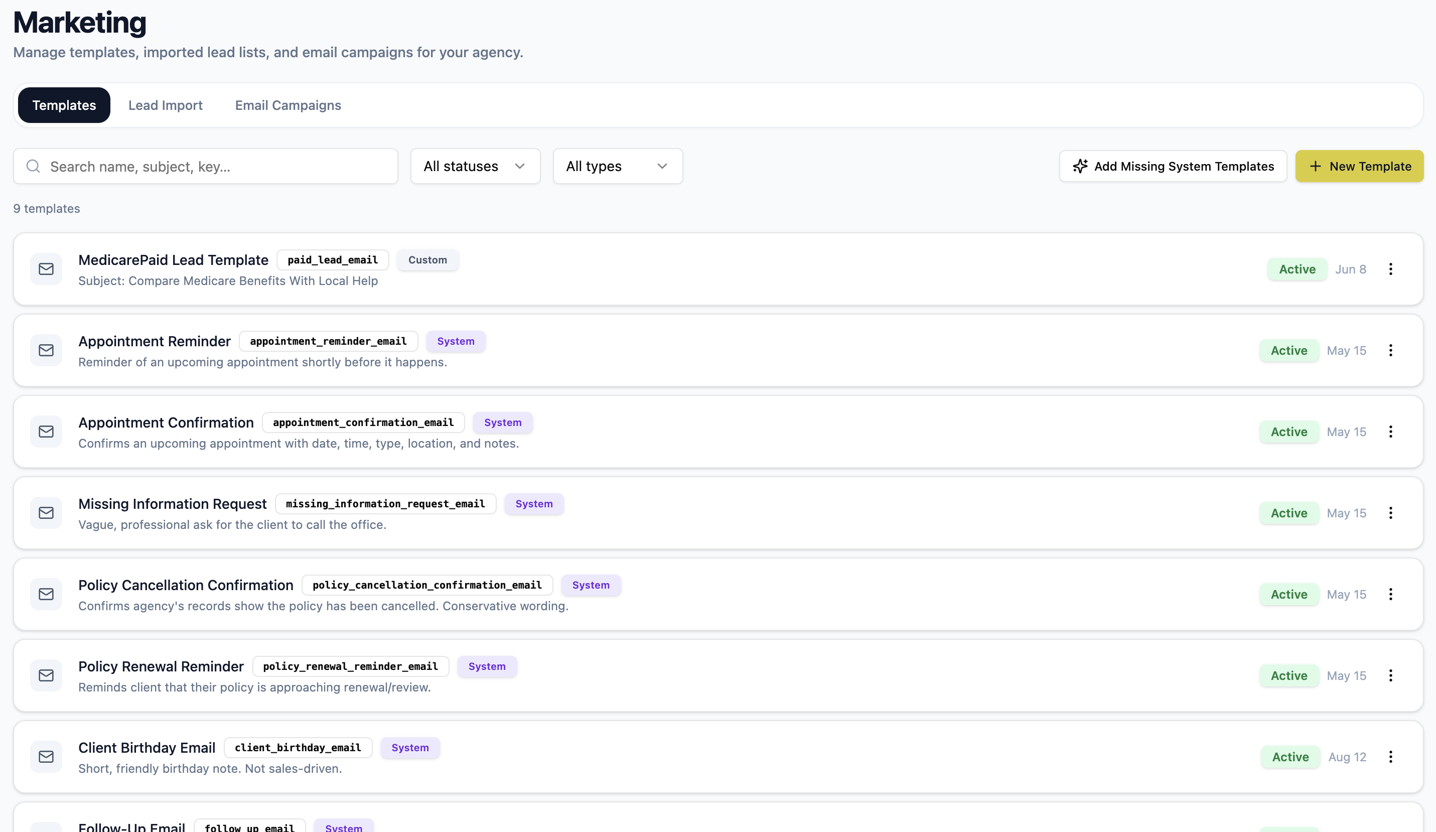 Email campaign builder in AgencyCommand, stepping from audience to template to review before sending