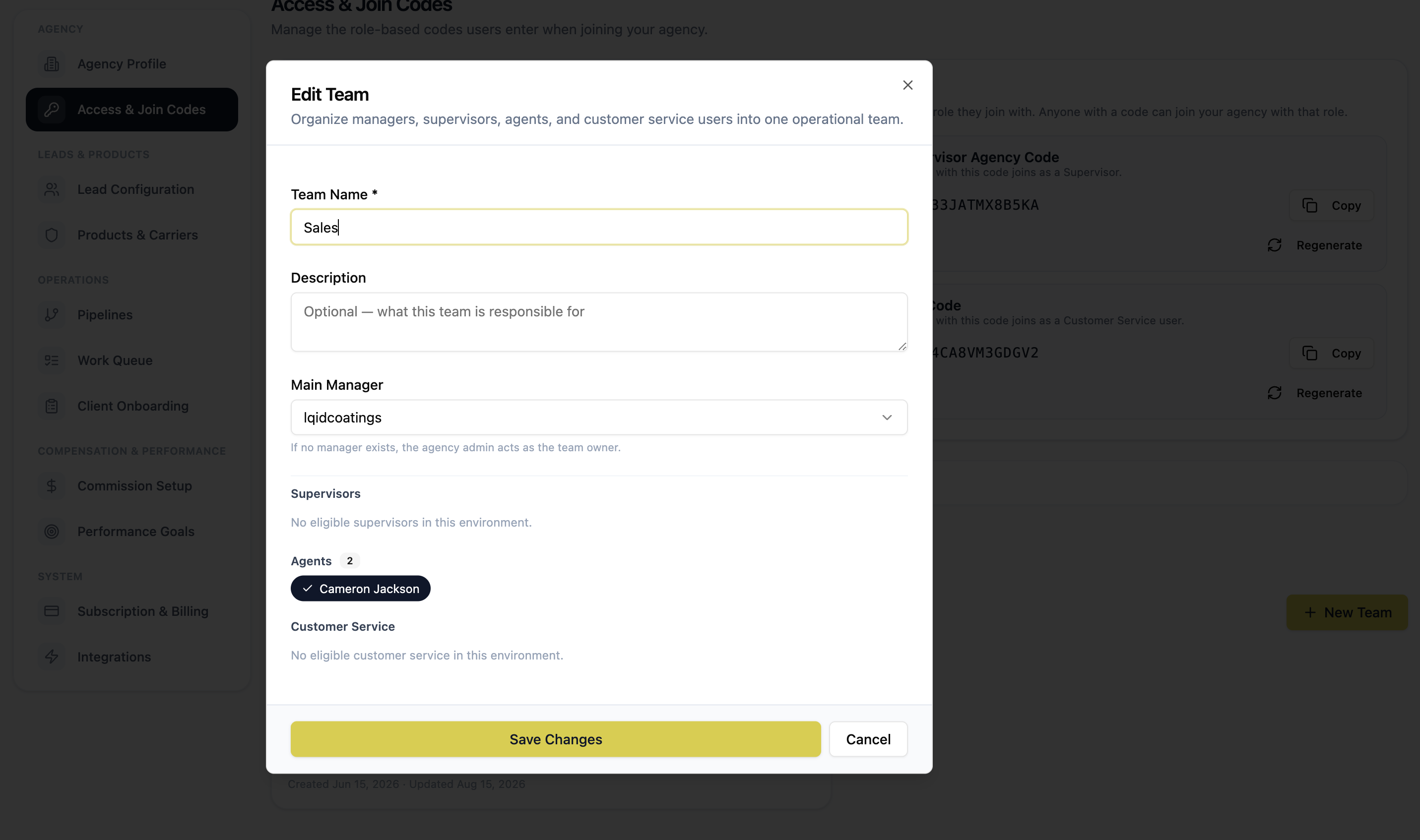 Teams and reporting structure that decide which agents a manager or supervisor can see