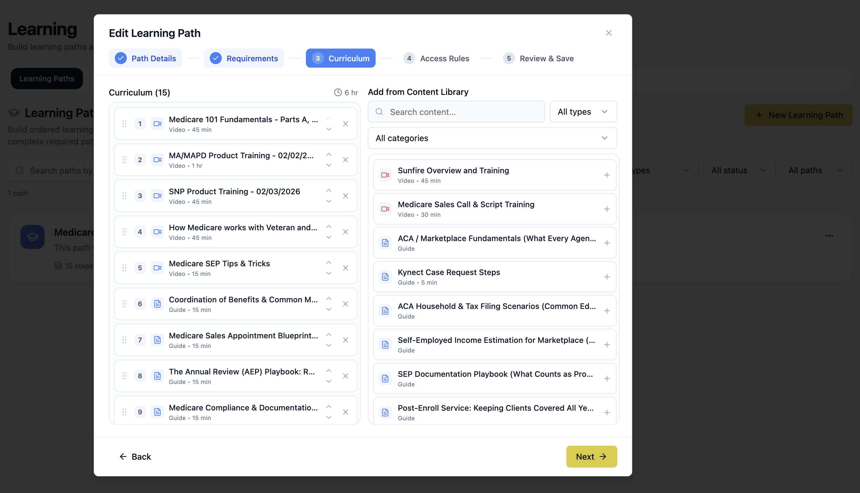 Learning path builder assembling agency guides and videos into an ordered curriculum