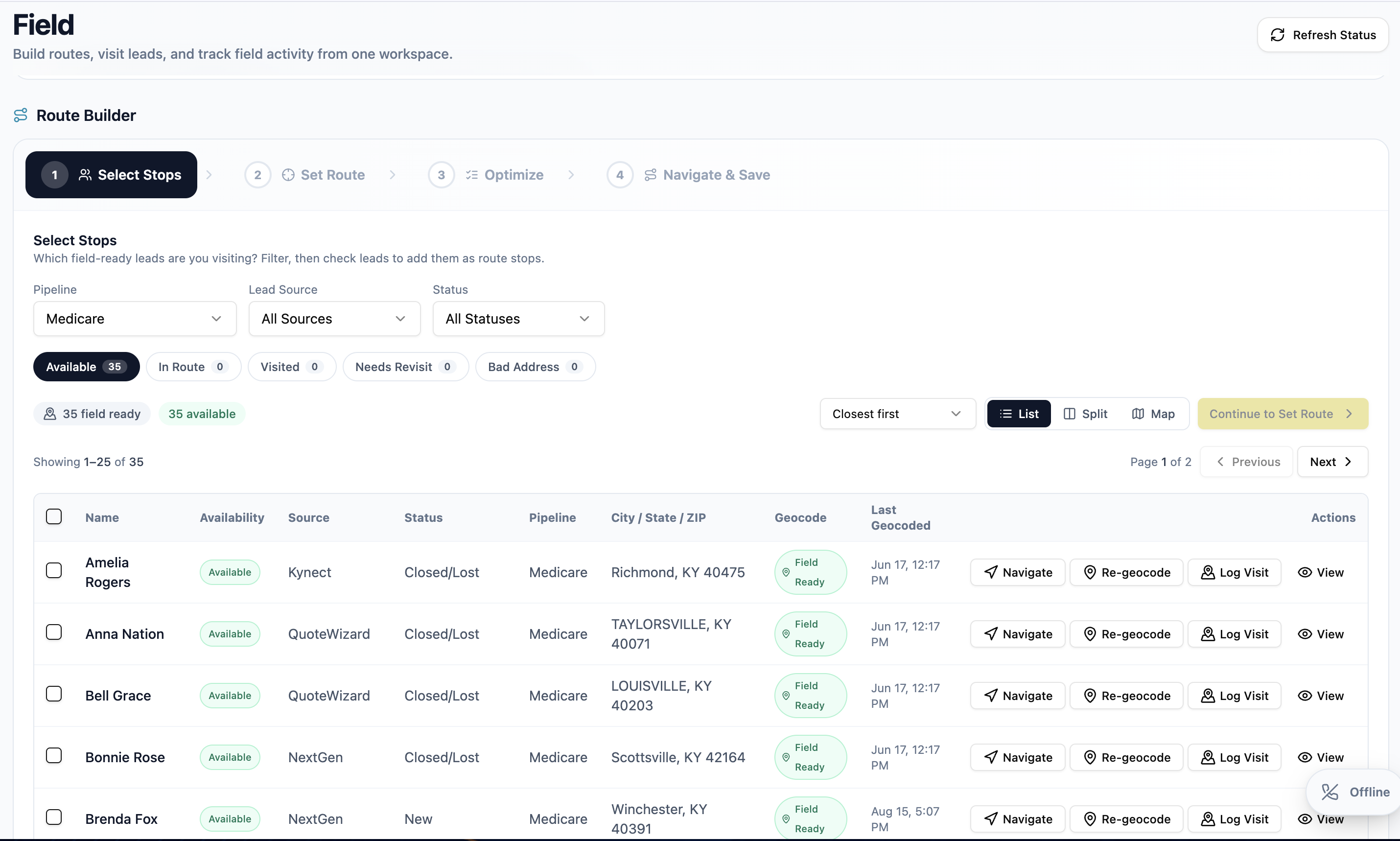 Field route planning and connected calendar services extending the platform