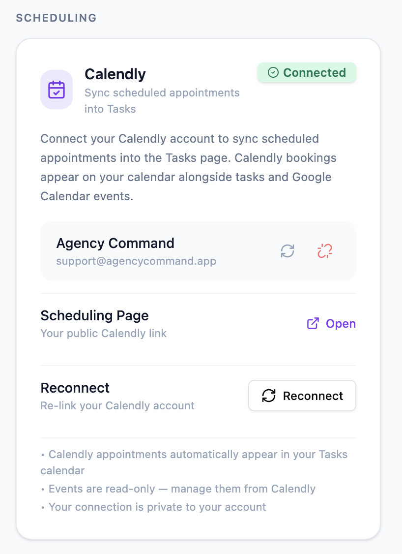 A Calendly booking arriving in the AgencyCommand calendar as a real scheduled appointment